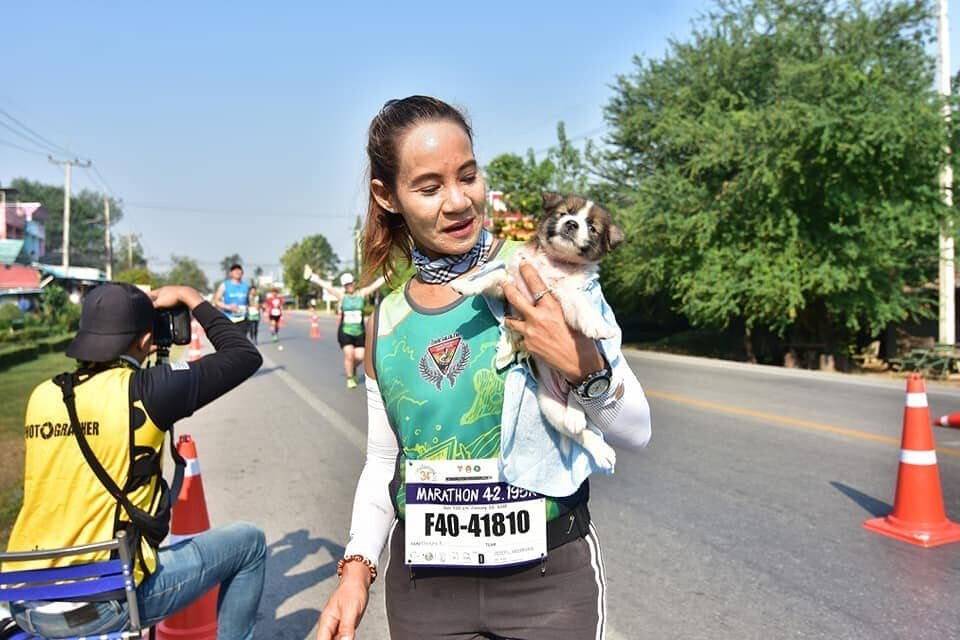 Участница марафона подобрала щенка на обочине и пробежала с ним ещё 30 километров до самого финиша 